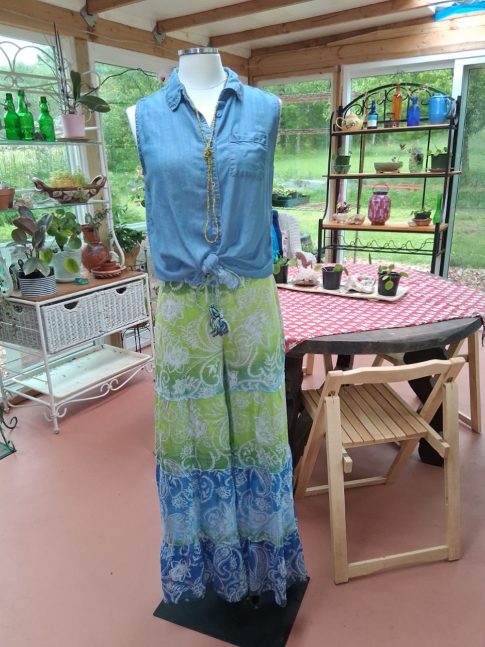 Preloved Z & L Bohemian Pallooza Chartreuse Green and BluePants, Size S-M